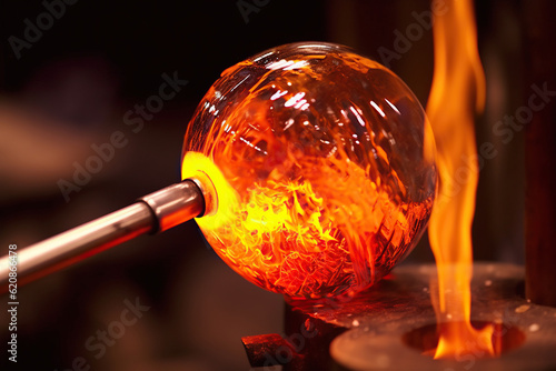 Glass blowing art and flame. Handmade glassware is produced on high fire