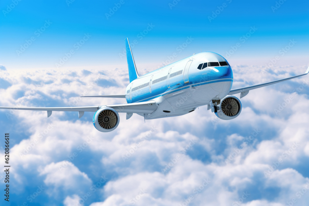 Naklejka premium Passengers commercial airplane flying above clouds. Concept of fast travel, holidays and business.