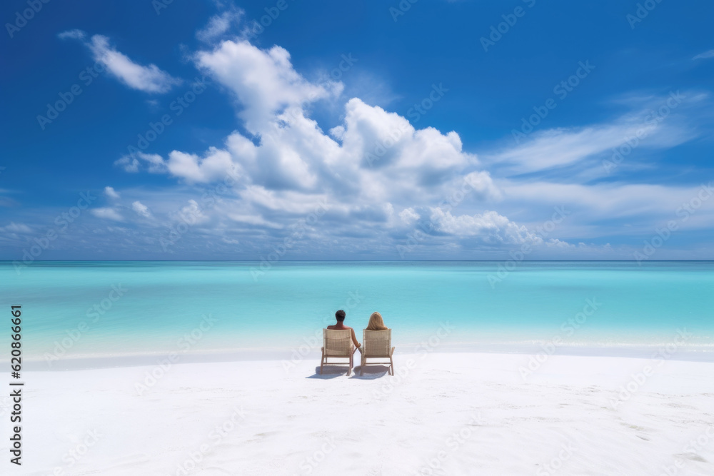 Romantic couple in loungers on a tropical white sand beach