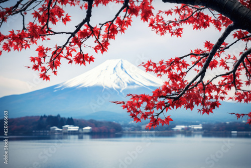 Colorful autumn season and Mountain Fuji with red maple leaves at lake Kawaguchiko in Japan