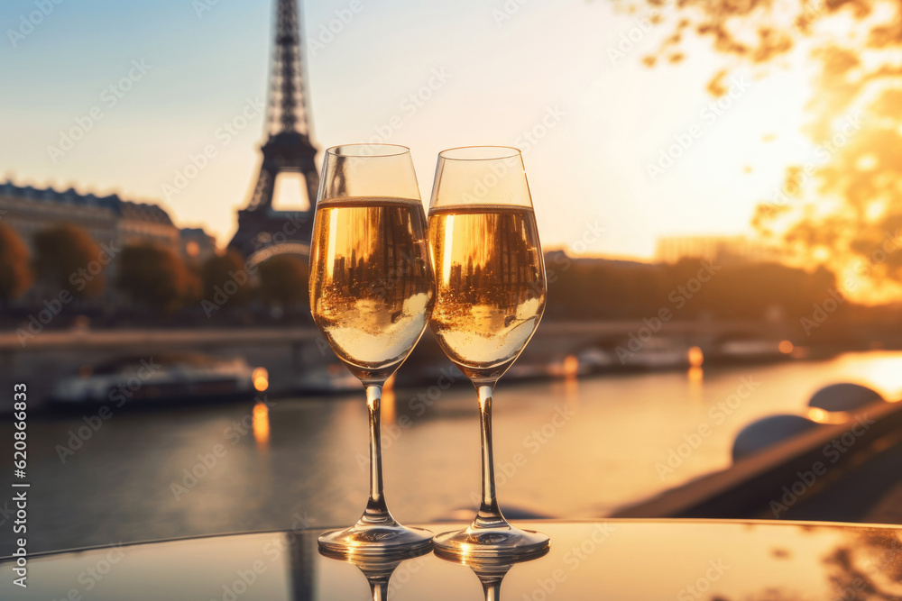 Two glasses of white wine on a table of romantic cafe or restaurant with view to Eiffel tower in Paris, France