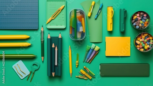 Top view of school stationery on a green surface, Bright color. Generative Ai