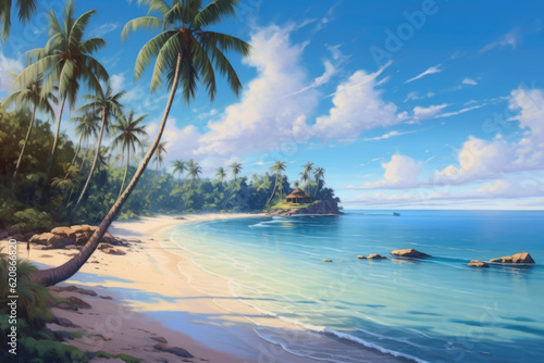 Beautiful tropical beach with white sand, palm trees, turquoise ocean against blue sky with clouds on sunny summer day