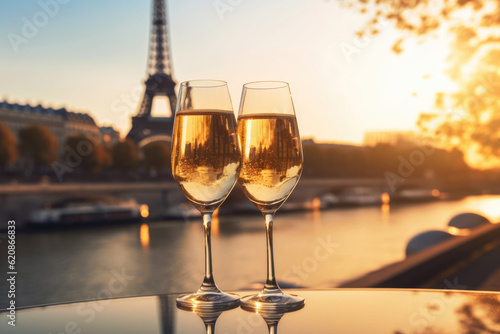 Two glasses of white wine on a table of romantic cafe or restaurant with view to Eiffel tower in Paris, France