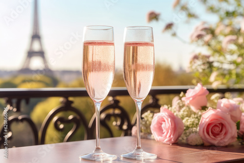 Two glasses of champagne on a table of romantic cafe or restaurant with view to Eiffel tower in Paris, France