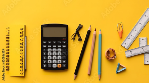 Yellow background with school supplies pencils, paper, calculator. Generative Ai