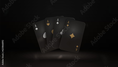 Blackjack black and gold poker cards with Isolated on the black background. 3D Illustration