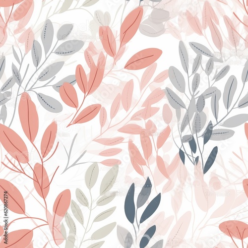 Floral pattern. Fashion trendy abstract arrangements with colorful plants. Minimalistic spring leaves with pastel pinkish colors. Seamless pattern. Generative AI