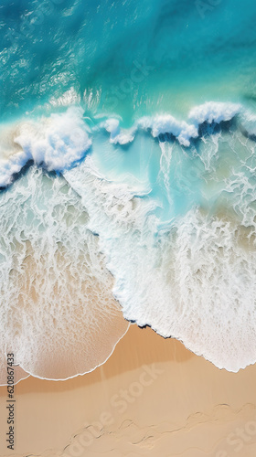 An aerial view of a beach and ocean. Generative AI. © tilialucida