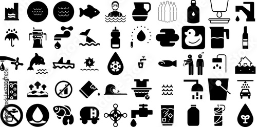 Massive Collection Of Water Icons Collection Hand-Drawn Solid Drawing Pictograms Yacht, Tool, Bathing, Wind Silhouette Isolated On Transparent Background