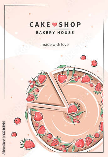 Cake shop. Desserts, pastry dishes, ingredients for baking items, donuts. Vector illustration for menu, recipe book, baking shop, cafe.