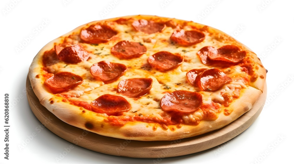 Pizza on a wooden board, isolated on a white background.