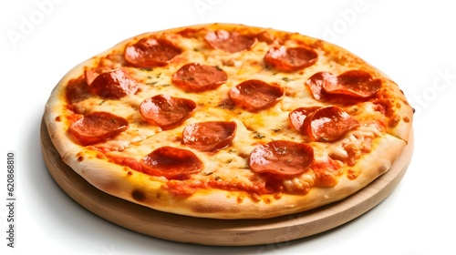 Pizza on a wooden board, isolated on a white background.