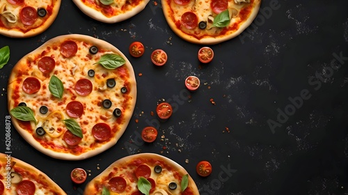 Banner advertising pizzas with tomatoes on a gray background.