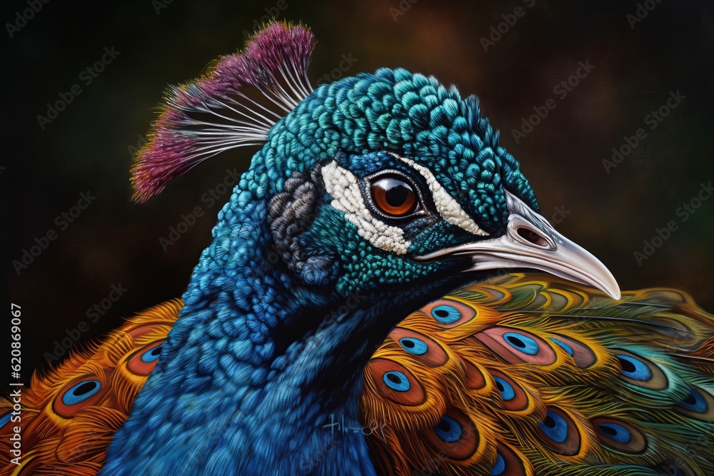 Portrait of beautiful peacock. The Indian peafowl (Pavo cristatus), known as the common peafowl, and blue peafowl. Close-up. Green, artistick background. Generative AI - obrazy, fototapety, plakaty 