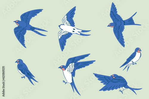 手描きのレトロな手描きのツバメの線画イラストセット
