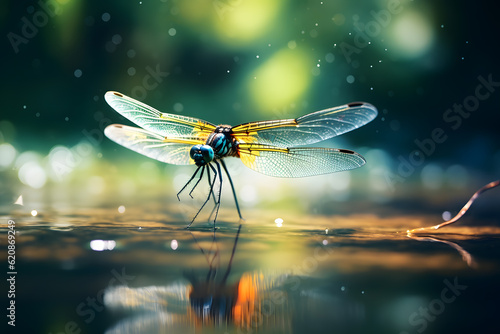 dragonfly hovering above a tranquil pond © AGSTRONAUT