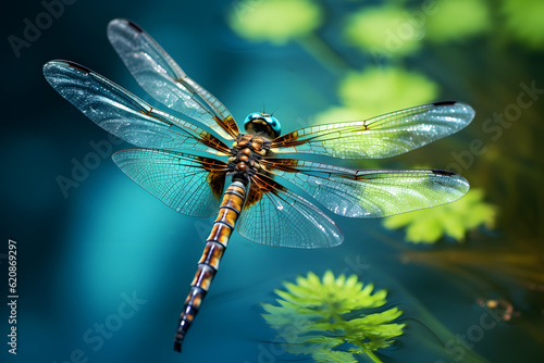 dragonfly hovering above a tranquil pond © AGSTRONAUT