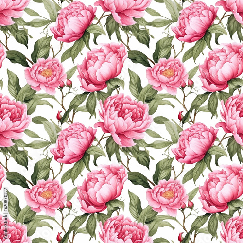 Watercolor illustration: seamless colorful pattern of peony flowers with leaves. Generative ai. Vintage botanical pattern in oriental style.