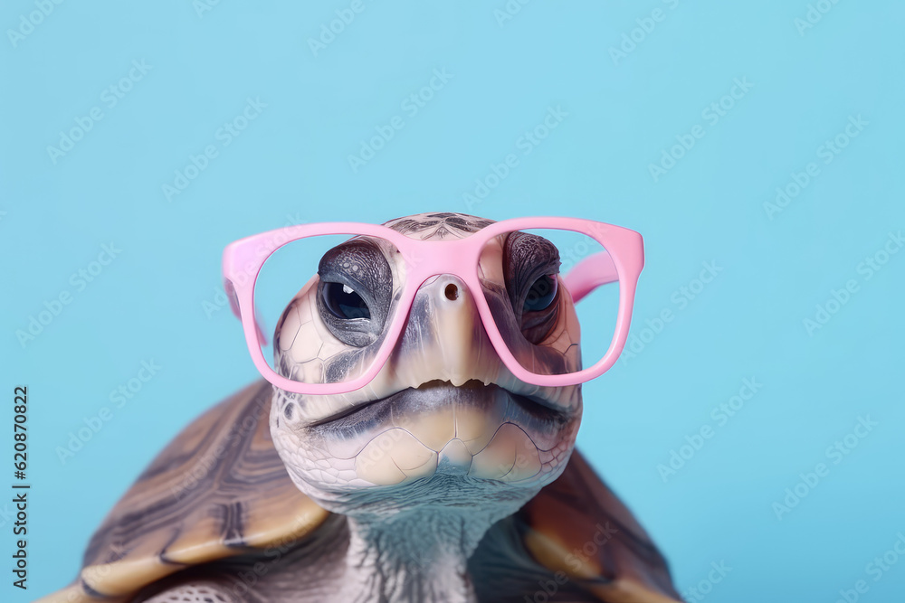 Close-up portrait of a turtle in pink toy glasses isolated on a blue pastel background, copy space for text. Banner template. Generative AI professional photo imitation.