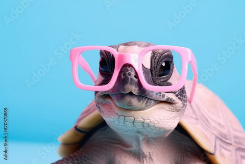 Close-up portrait of cute turtle in pink toy glasses isolated on a blue flat background, copy space for text. Banner template. Generative AI professional photo imitation.