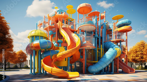 Colorful outdoor playground in park. Generative Ai