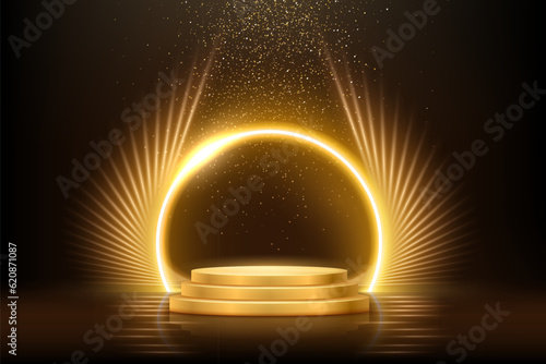 Gold tripple podium for product presentation vector illustration. Abstract empty golden award platform with neon glowing round frame and rays or wings, glitter confetti sparkle rain falling background photo