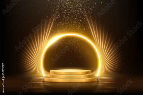 Gold tripple podium for product presentation vector illustration. Abstract empty golden award platform with neon glowing round frame and rays or wings, glitter confetti sparkle rain falling background