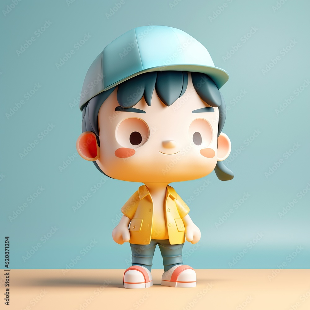 Illustration of a little boy with big eyes. Cute little boy in yellow shirt and blue pants and a hat. Ideal for children's web page design, icon, logo educational and game theme. Generative AI Illustration of a little boy with big eyes. Cute little boy in yellow shirt and blue pants and a hat. Ideal for children's web page design, icon, logo educational and game theme. Generative AI