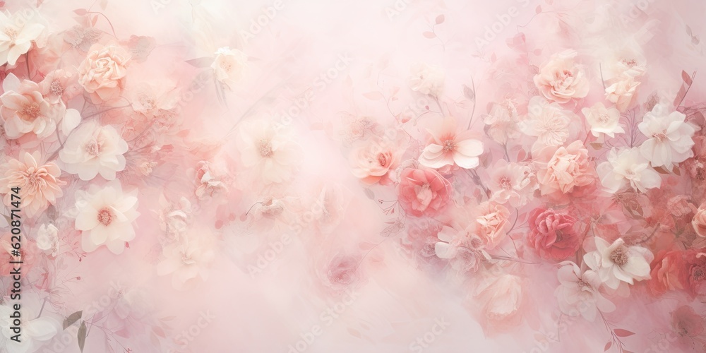 A painting of pink and white flowers on a pink background. Generative AI. Floral backdrop.