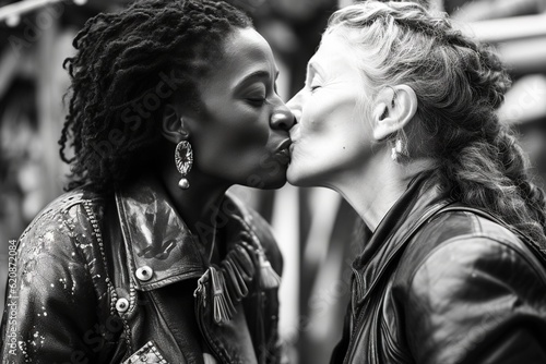 two women looking at each other with lips open