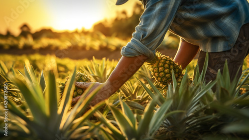 Close up photo of farmer hands harvesting pineapple