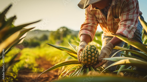 Close up photo of farmer hands harvesting pineapple