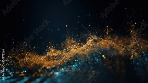 Hintergrund, abstrakt, blau, gold, Partikel in Bewegung, bokeh
 Generative AI