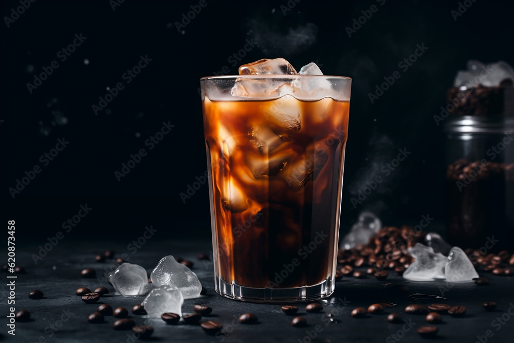 Iced Coffee with milk,ice and coffee beans on a dark table at the dark background Iced Coffee with milk,ice and coffee beans on a dark table at the dark background