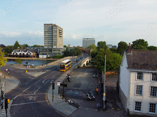 Gorgeous Aerial View of Central Bedford City of England Great Britain of UK. The Downtown's photo Was Captured with Drone's Camera from Medium Altitude from River Great Ouse on 28-May-2023.	 photo