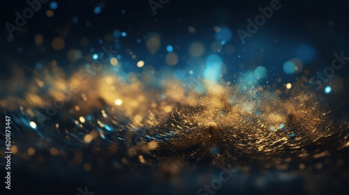 Hintergrund, abstrakt, blau, gold, Partikel in Bewegung, bokeh Generative AI