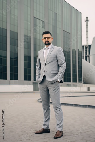 confident business man in front of office building