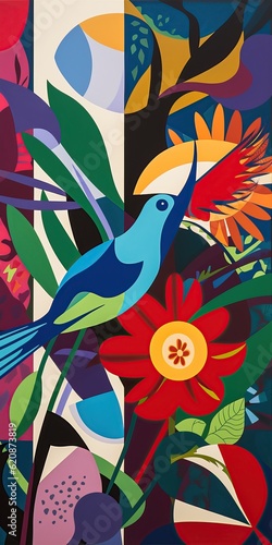 Abstract illustration with flowers  leaves and bird. Generative AI