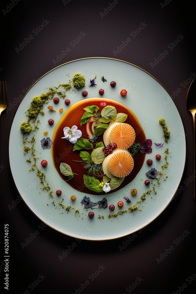 Food as art concept. Plate from a gourmet restaurant. Meal on dark background. Creative design. Generative AI