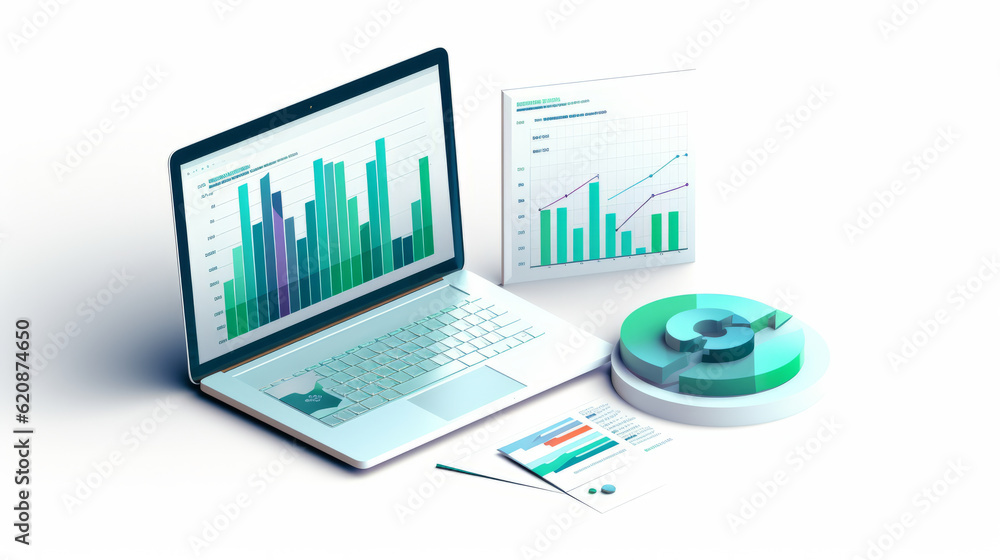 Business presentation data report illustration in isometric view isolated on white background