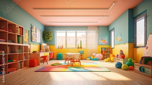 Empty kindergarten classroom interior with many kid toys. Generative Ai
