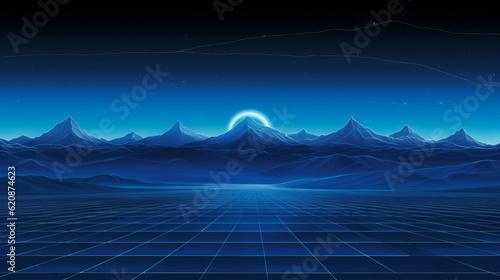Blue landscape background with digital grid on the ground and mountains in backdrop