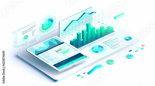 Business presentation data report illustration in isometric view isolated on white background