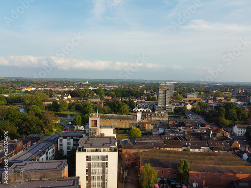 Gorgeous Aerial View of Central Bedford City of England Great Britain of UK. The Downtown's photo Was Captured with Drone's Camera from Medium Altitude from River Great Ouse on 28-May-2023.	 photo