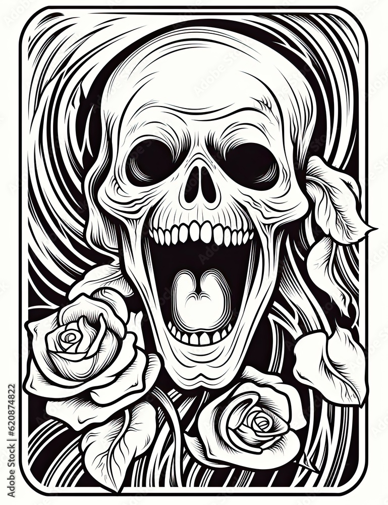 Fototapeta premium A black and white drawing of a skull with roses. Generative AI.