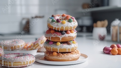 A stack of donuts with a soft pastel-colored background. Modern kitchen interiour in the background. Delicious donuts with colorful colored glaze. Generative AI