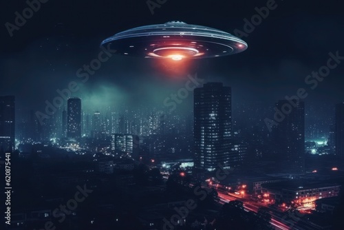 UFO in the dark sky over the night city, AI generated