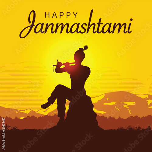 Happy Janmashtami festival, Lord Krishna playing flute silhouette. Vector © rexandpan
