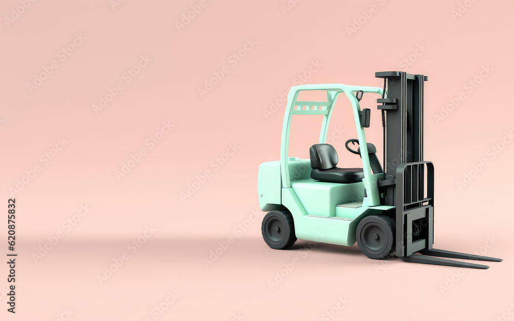 Toy cartoon forklift isolated on pastel light flat background with copy space. Pink, black, green, mint palette colors. Generative AI 3d render illustration imitation.